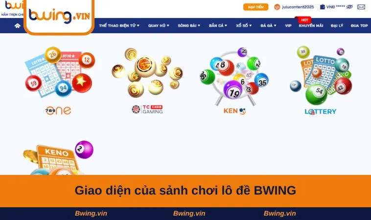 Giao diện của sảnh chơi lô đề BWING